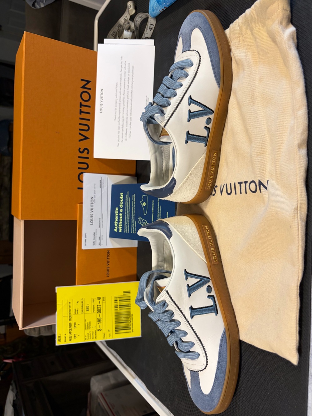 Louis Vuitton White & Blue Suede Accent Sneakers